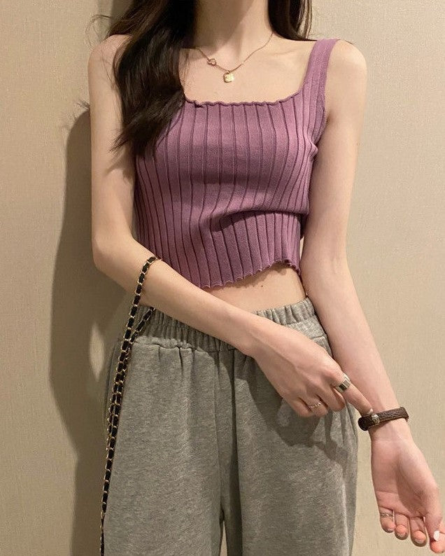 White Ribbed Square Neck Sleeveless Crop Top