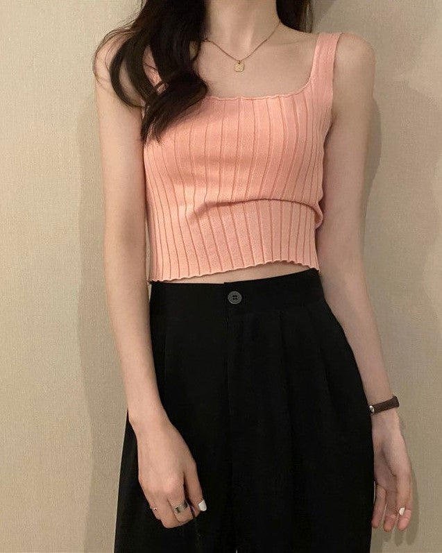 White Ribbed Square Neck Sleeveless Crop Top
