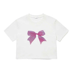 White Ribbon Print Cropped T-Shirt