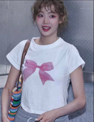 White Ribbon Print Cropped T-Shirt