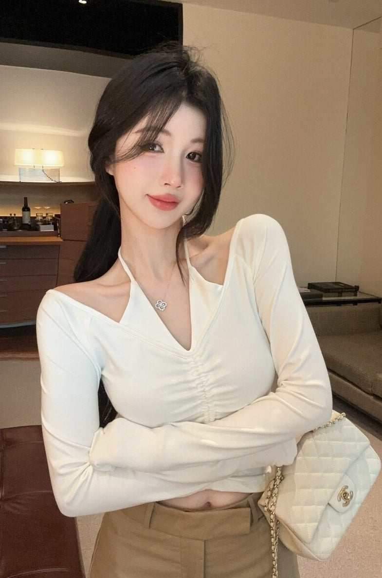 White Ruched Halter Neck Top