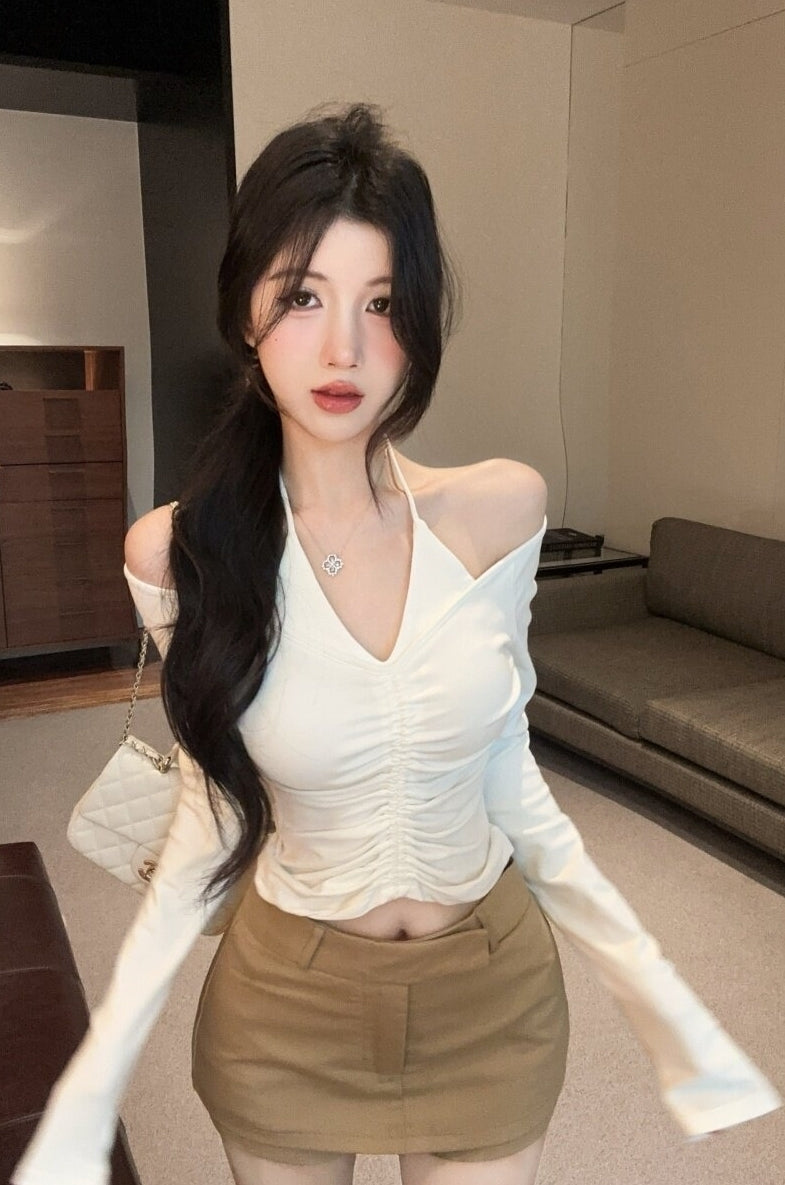 White Ruched Halter Neck Top