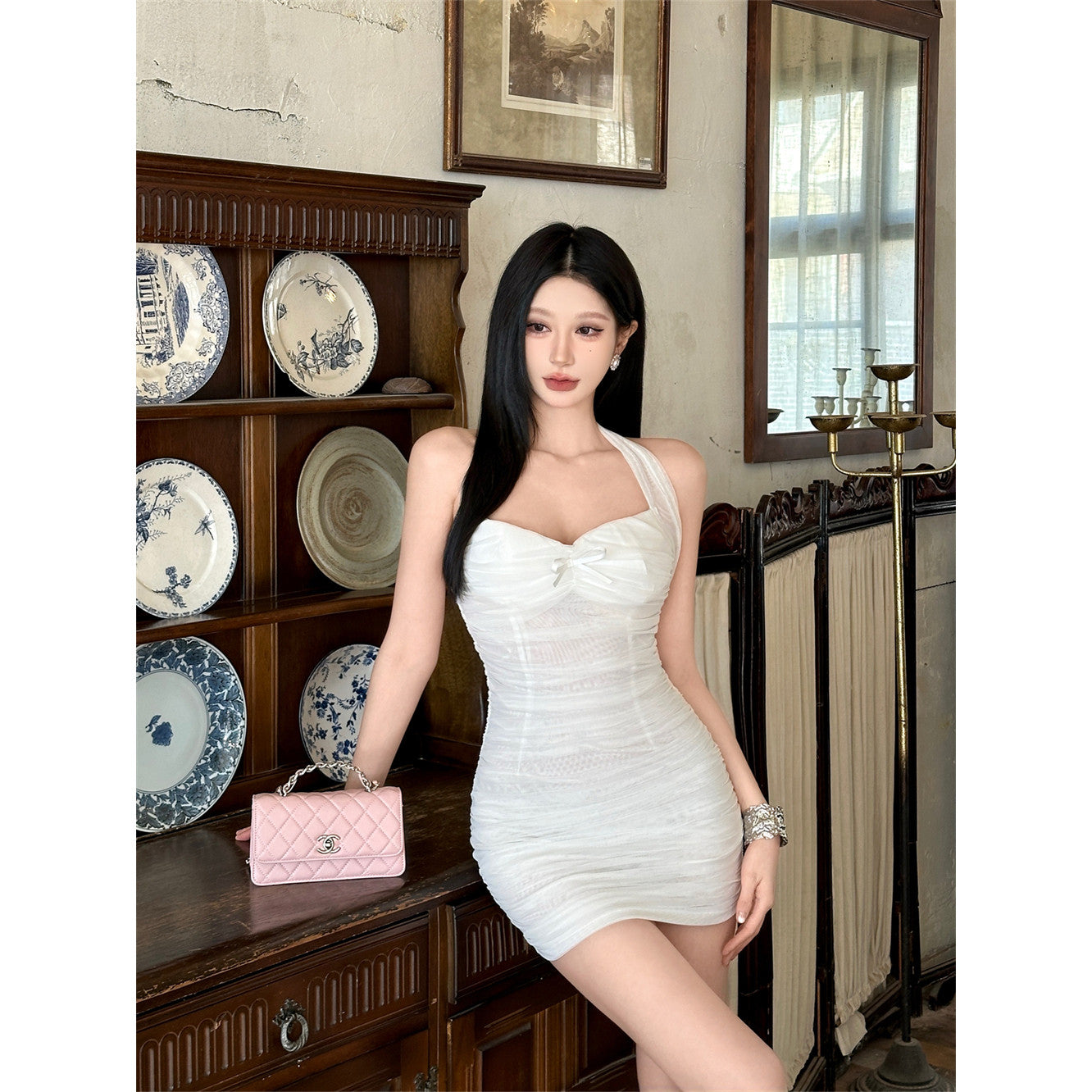 White Ruched Mesh Halter Neck Top