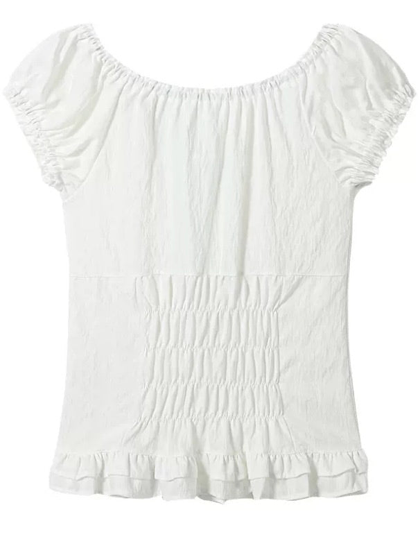White Ruched Off-Shoulder Button Top