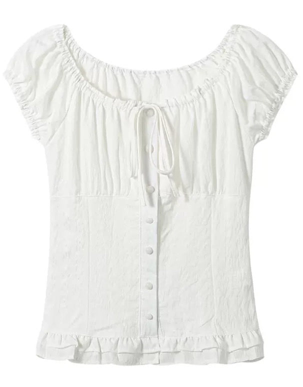 White Ruched Off-Shoulder Button Top
