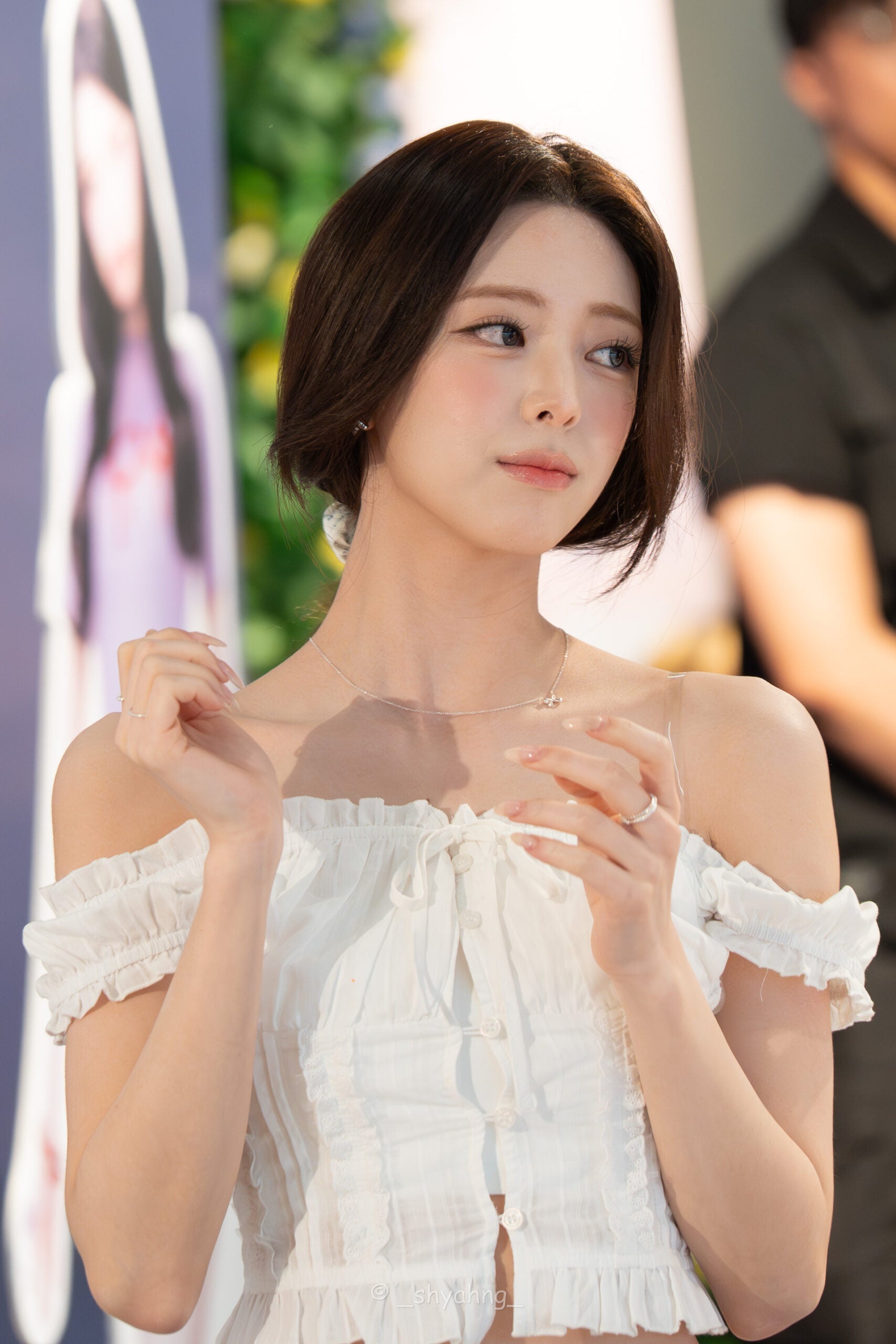 White Ruched Off-Shoulder Button Top