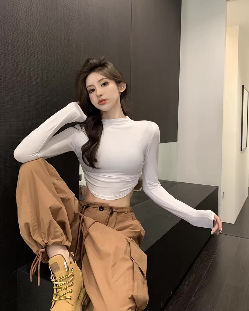 White Ruched Sides Long Sleeves Top