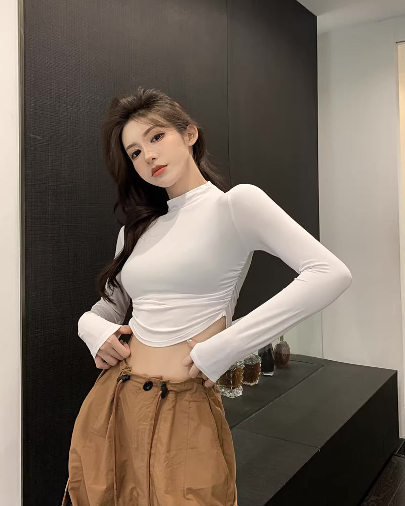 White Ruched Sides Long Sleeves Top