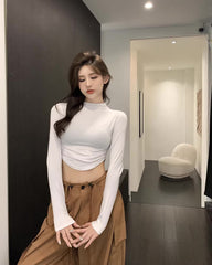 White Ruched Sides Long Sleeves Top