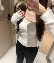 White Ruched V-Neck Thin Cardigan