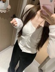 White Ruched V-Neck Thin Cardigan