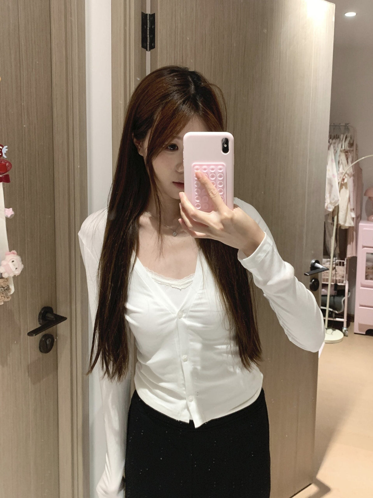 White Ruched V-Neck Thin Cardigan
