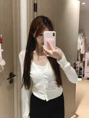 White Ruched V-Neck Thin Cardigan
