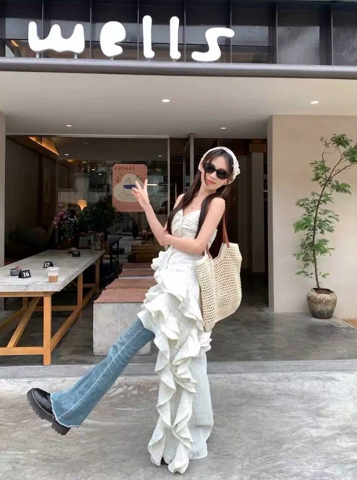 White Ruffle Layered High-Low Slip Dress