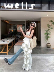 White Ruffle Layered High-Low Slip Dress