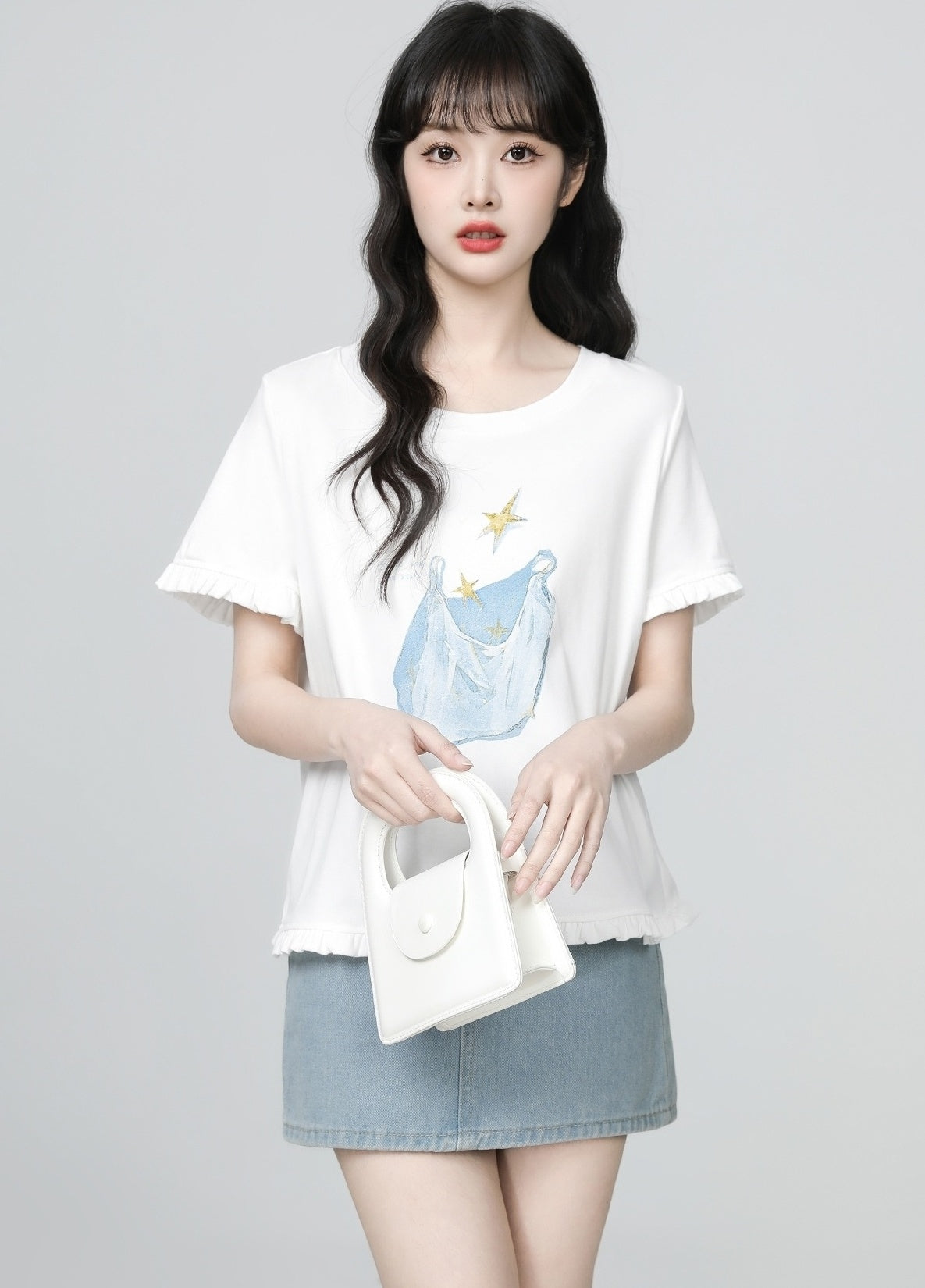 White Ruffle Sleeve Printed Loose Crewneck Tee