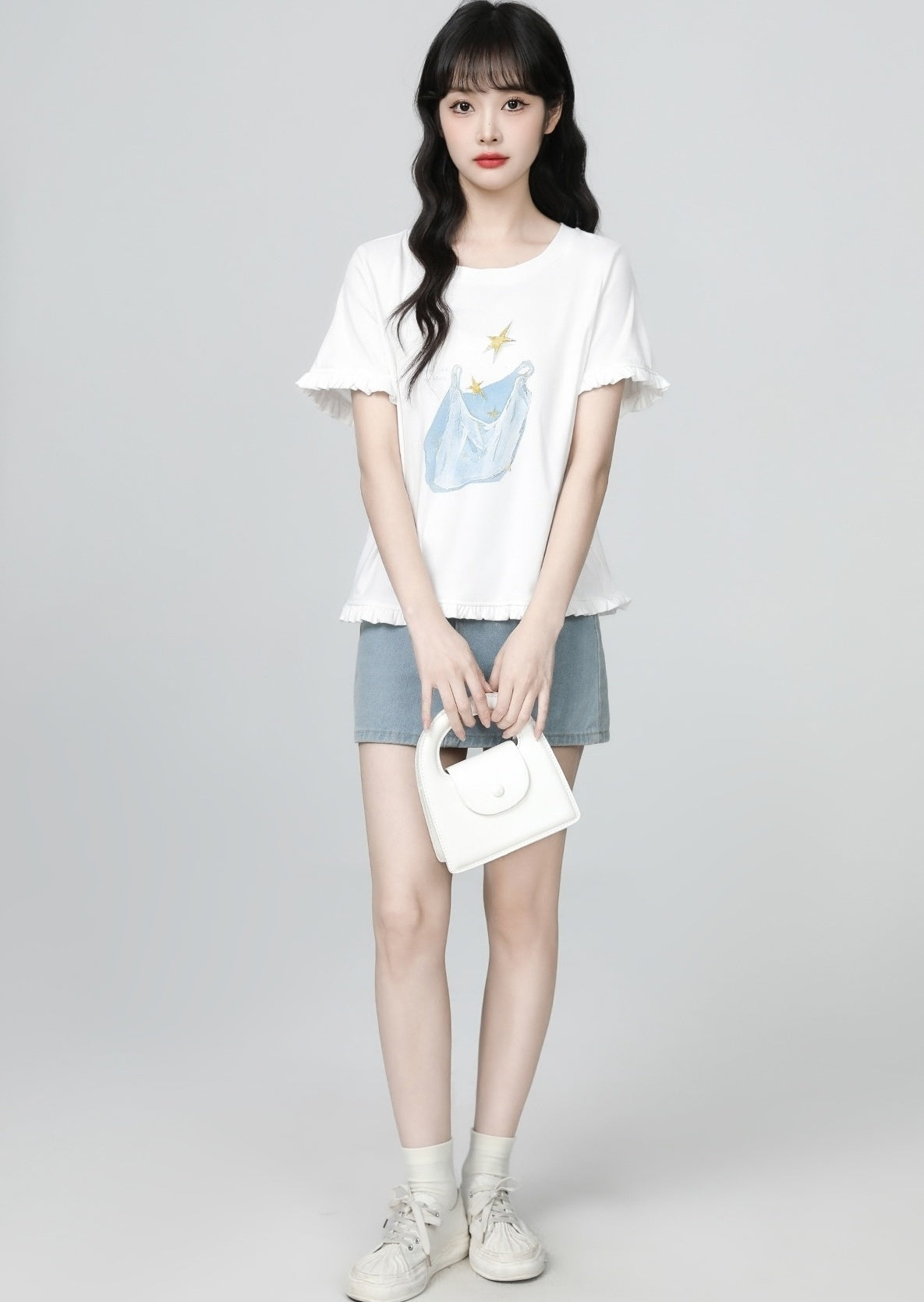 White Ruffle Sleeve Printed Loose Crewneck Tee