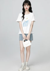 White Ruffle Sleeve Printed Loose Crewneck Tee