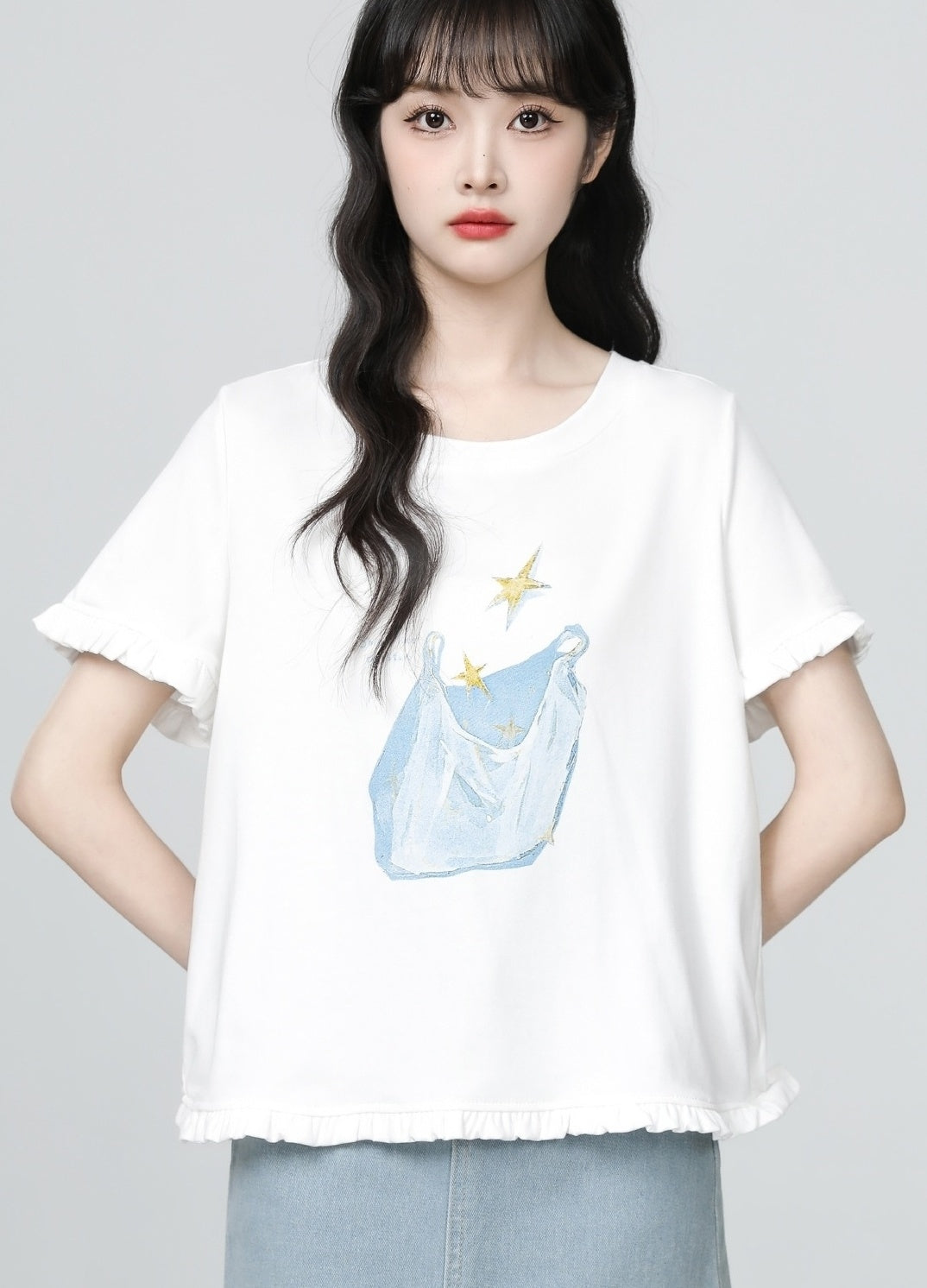 White Ruffle Sleeve Printed Loose Crewneck Tee