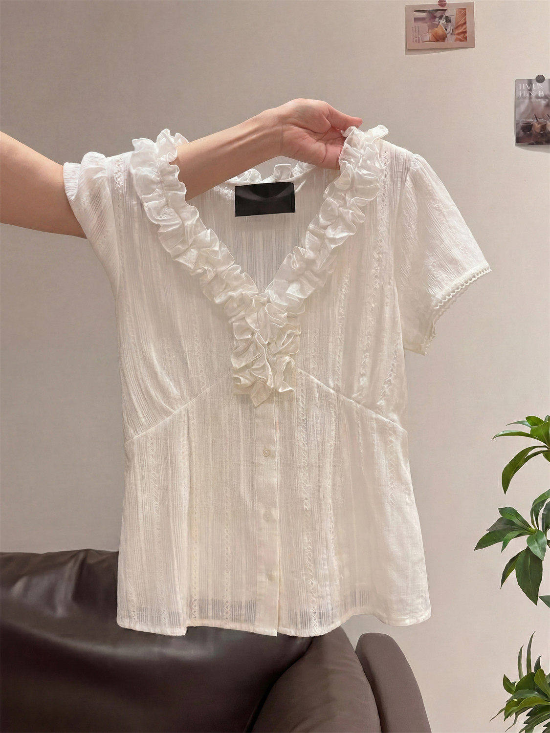White Ruffle V-Neck Lace Blouse