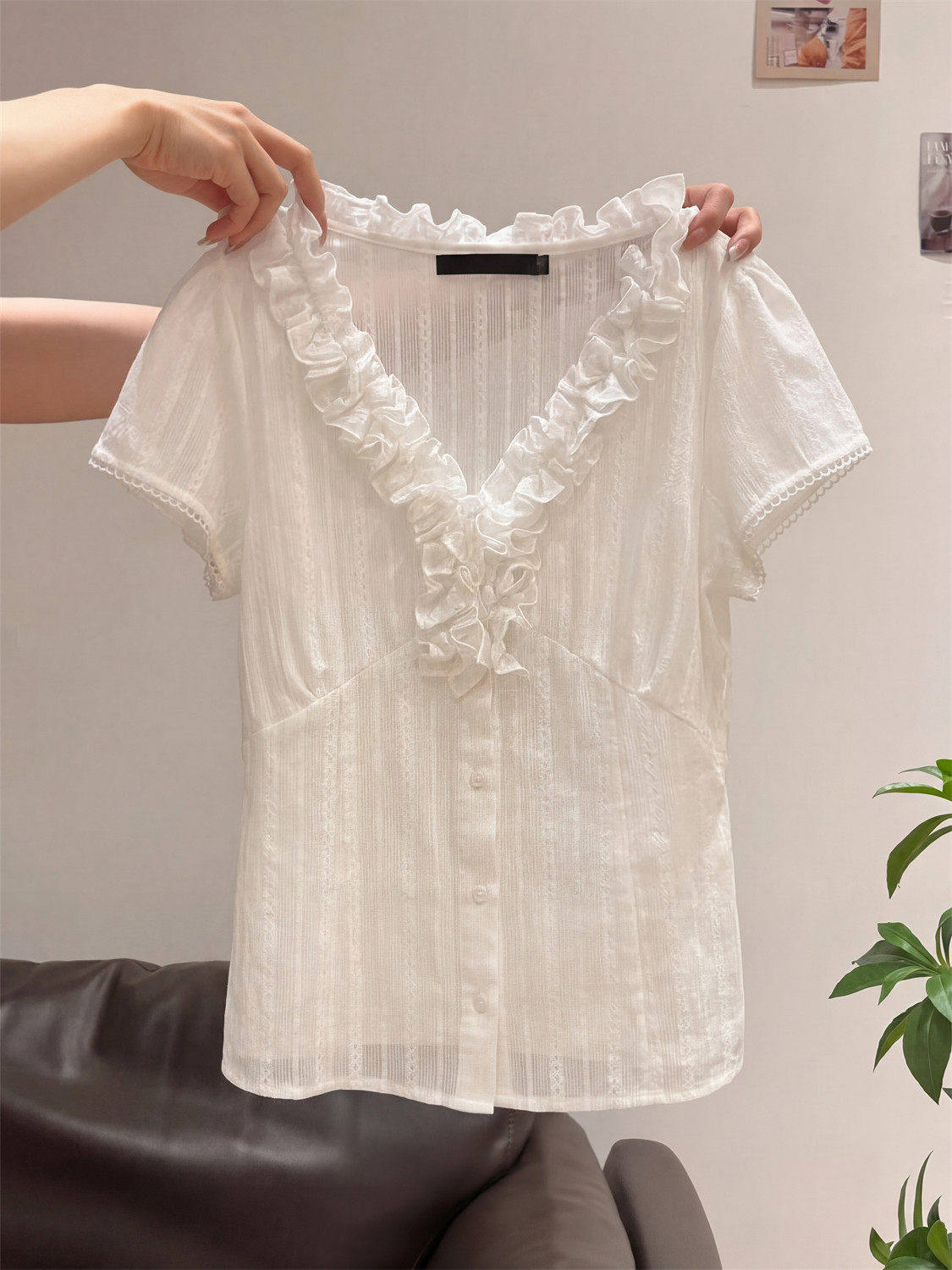 White Ruffle V-Neck Lace Blouse