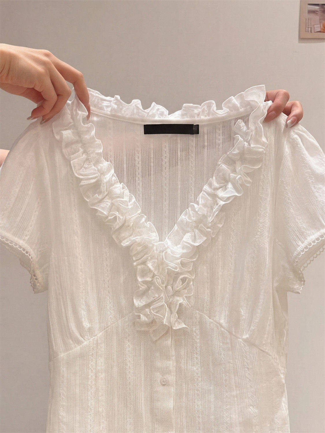 White Ruffle V-Neck Lace Blouse