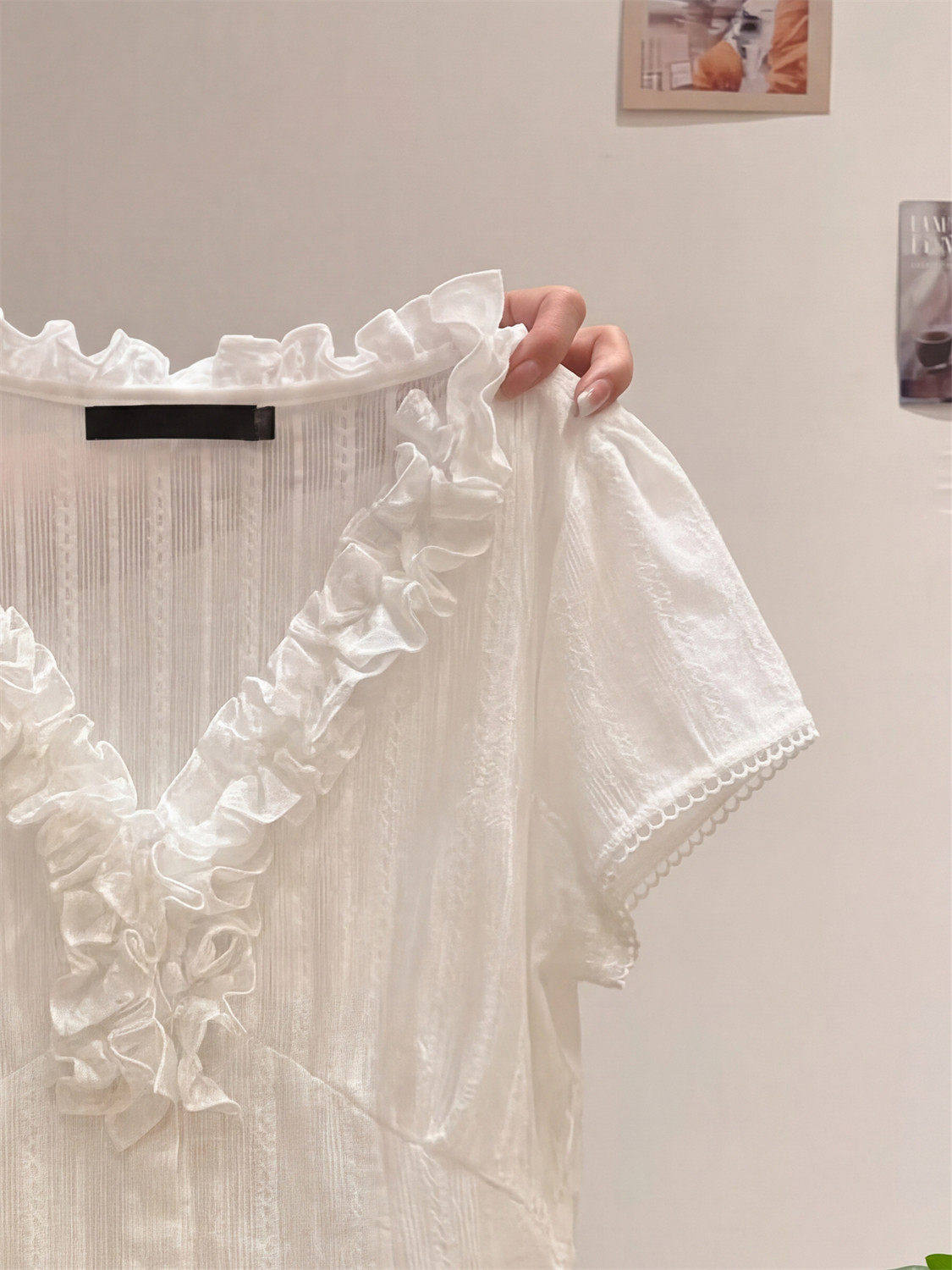 White Ruffle V-Neck Lace Blouse