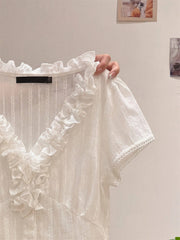 White Ruffle V-Neck Lace Blouse