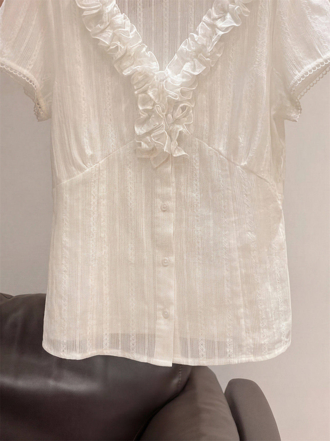 White Ruffle V-Neck Lace Blouse
