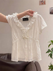 White Ruffle V-Neck Lace Blouse