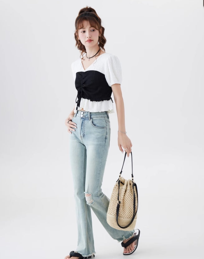 White Ruffled Drawstring T-Shirt