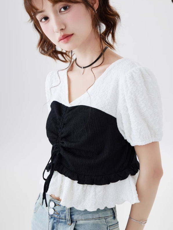 White Ruffled Drawstring T-Shirt