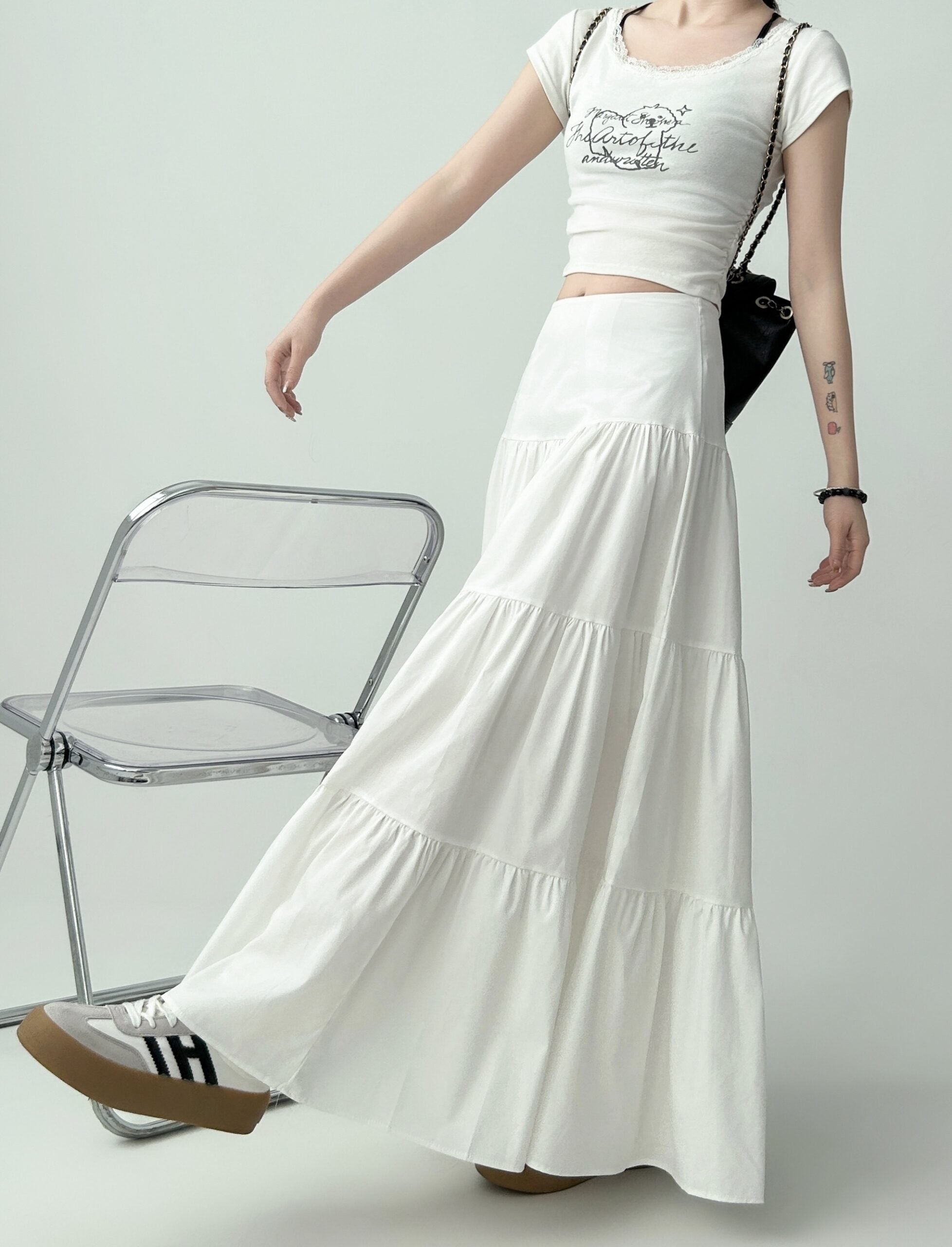 White Ruffled Flared Midi Skirt For Curvy Shape