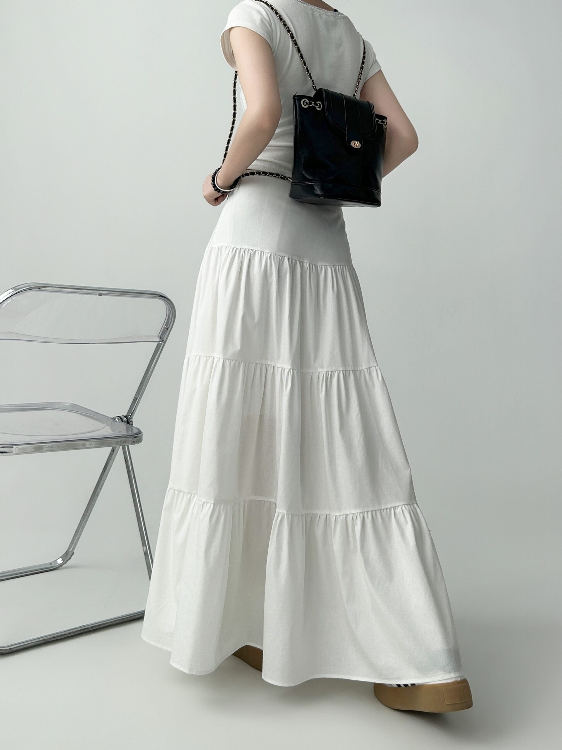 White Ruffled Flared Midi Skirt For Curvy Shape