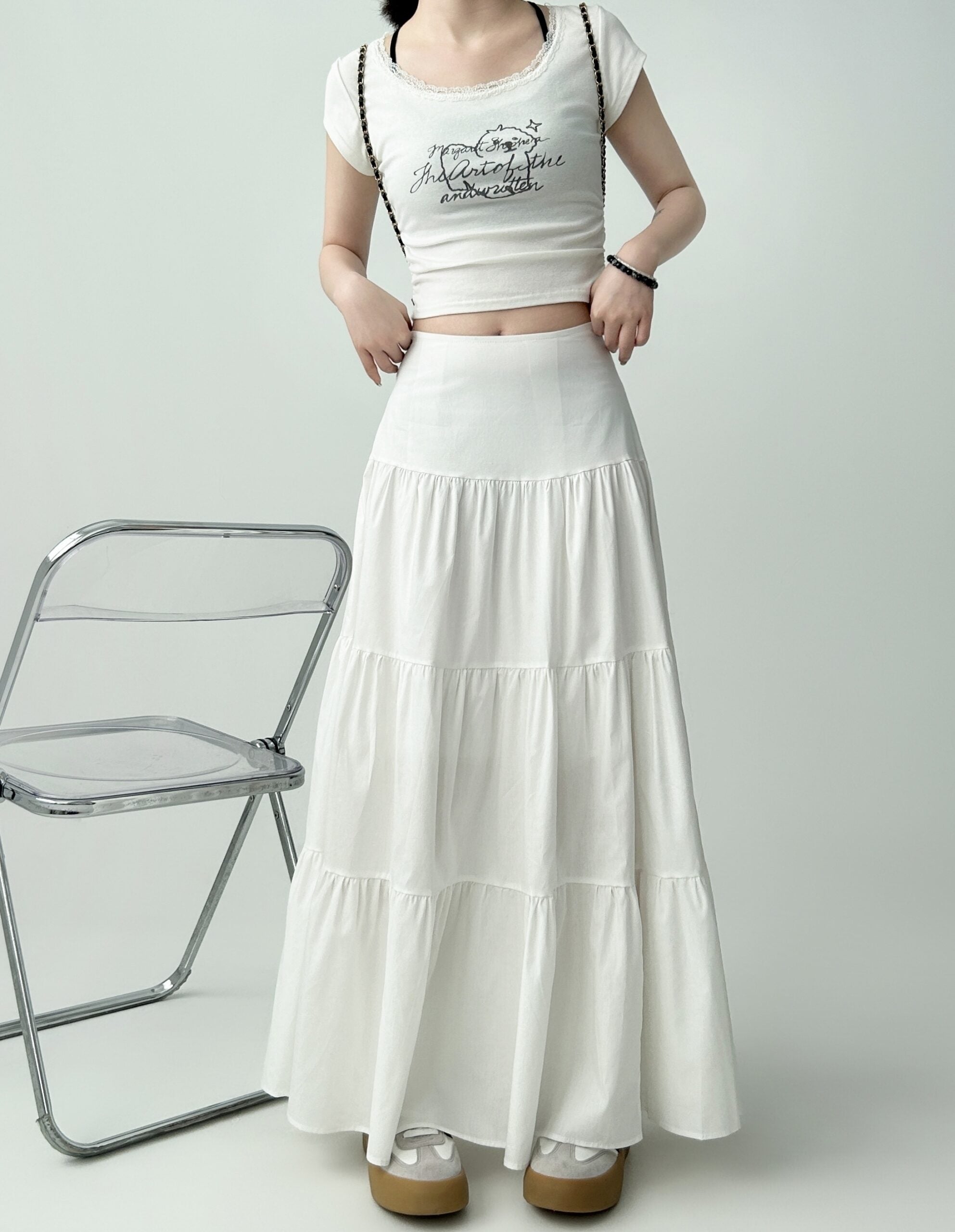 White Ruffled Flared Midi Skirt For Curvy Shape