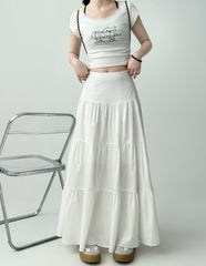 White Ruffled Flared Midi Skirt For Curvy Shape