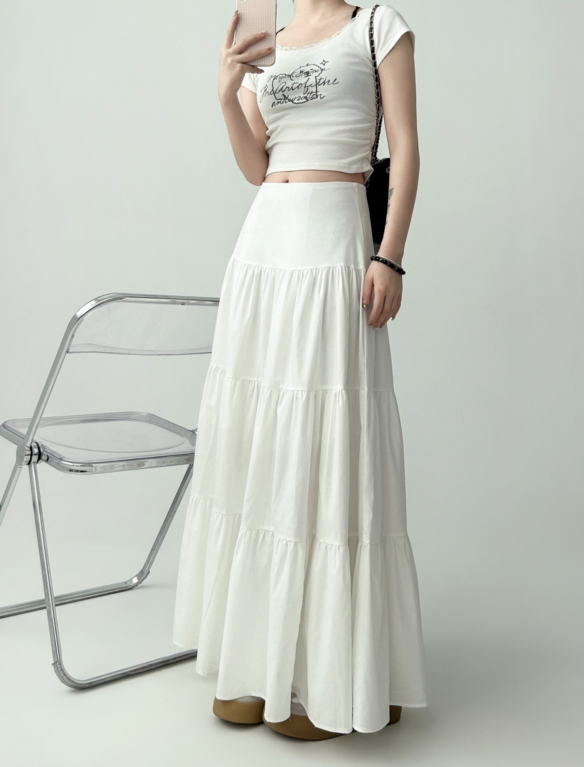 White Ruffled Flared Midi Skirt For Curvy Shape