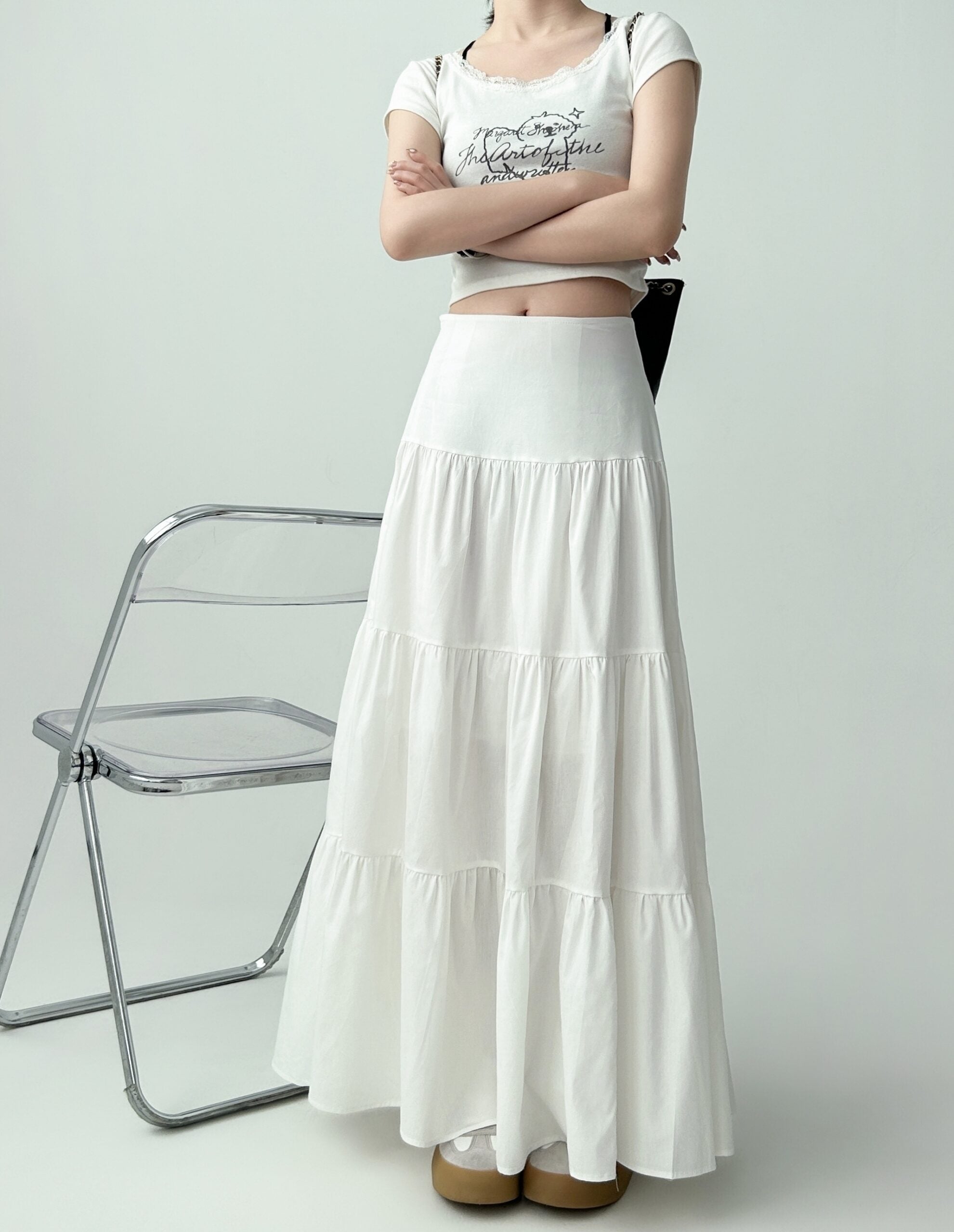 White Ruffled Flared Midi Skirt For Curvy Shape