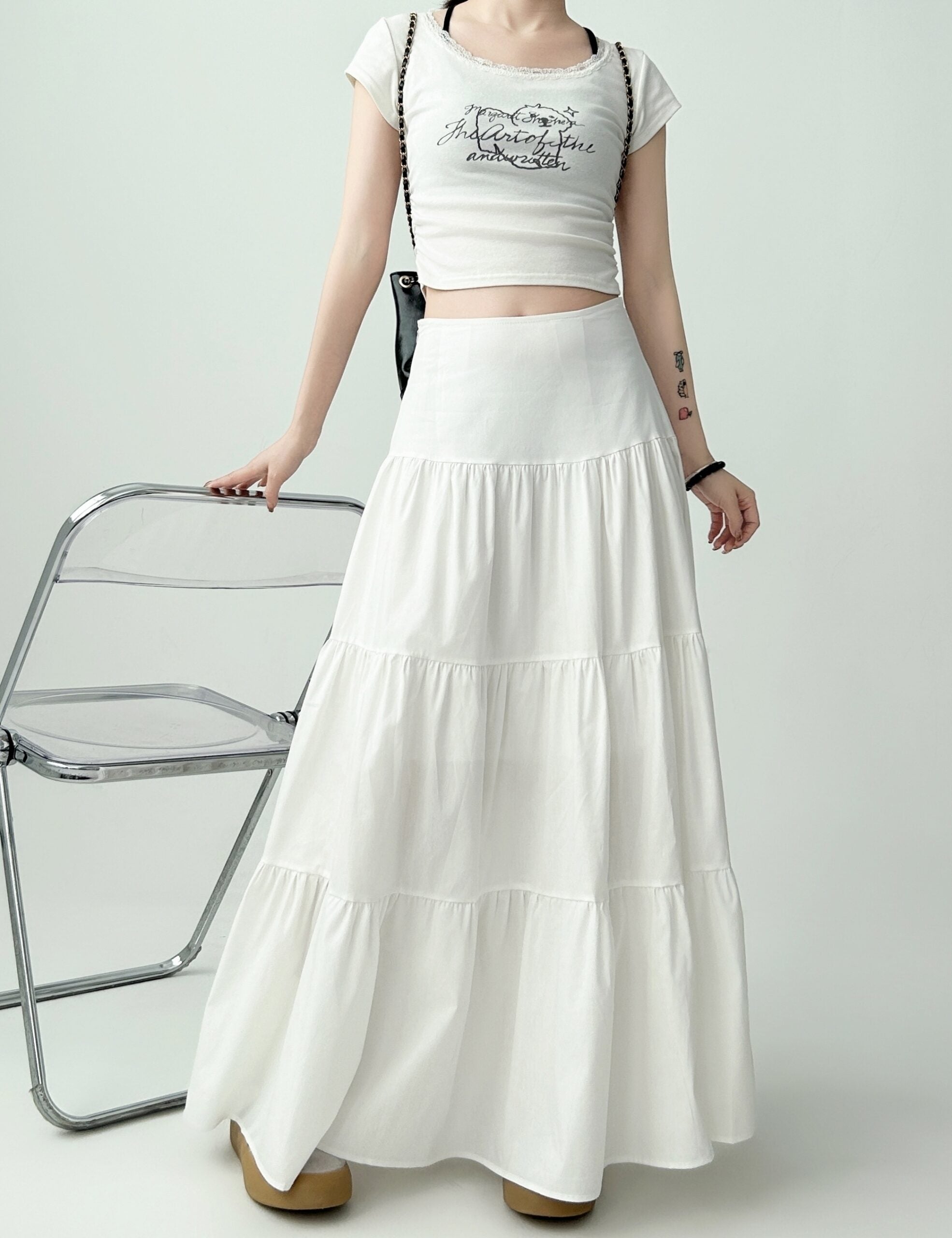White Ruffled Flared Midi Skirt For Curvy Shape