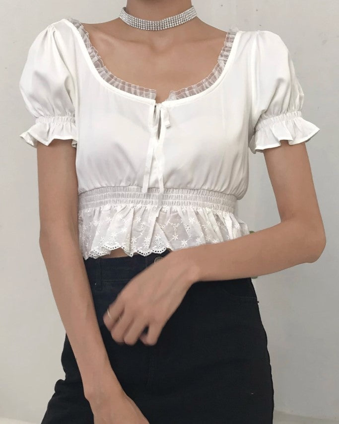 White Ruffled Lace Cropped Top