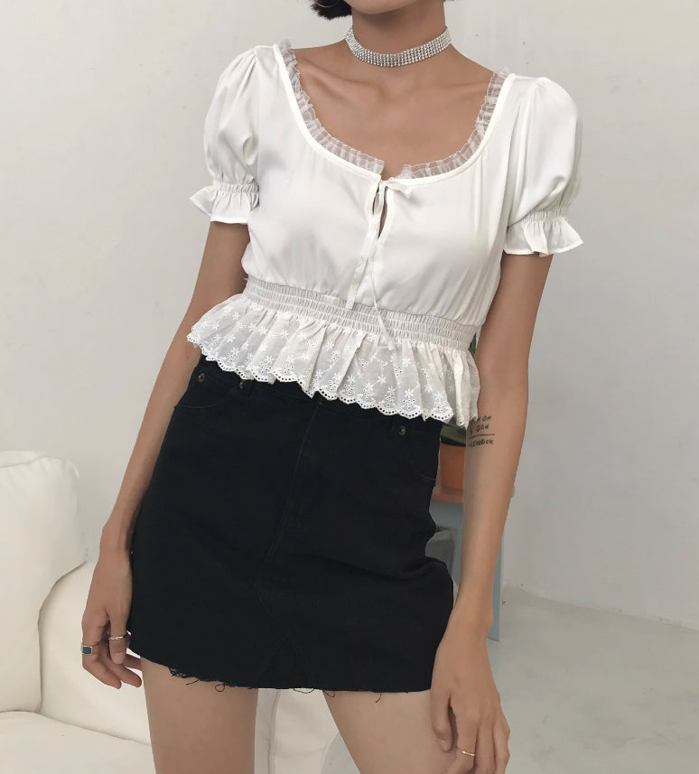 White Ruffled Lace Cropped Top