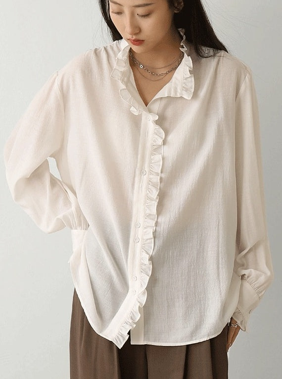 White Ruffled Lining Long Sleeve Shirt