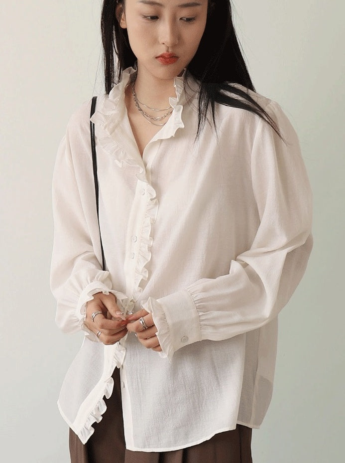 White Ruffled Lining Long Sleeve Shirt