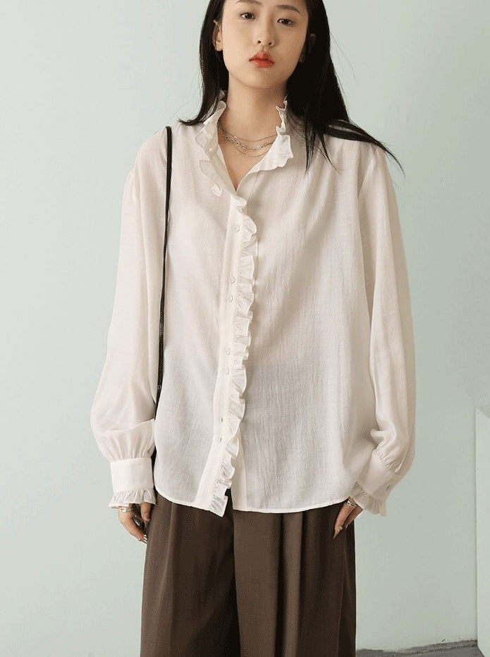 White Ruffled Lining Long Sleeve Shirt