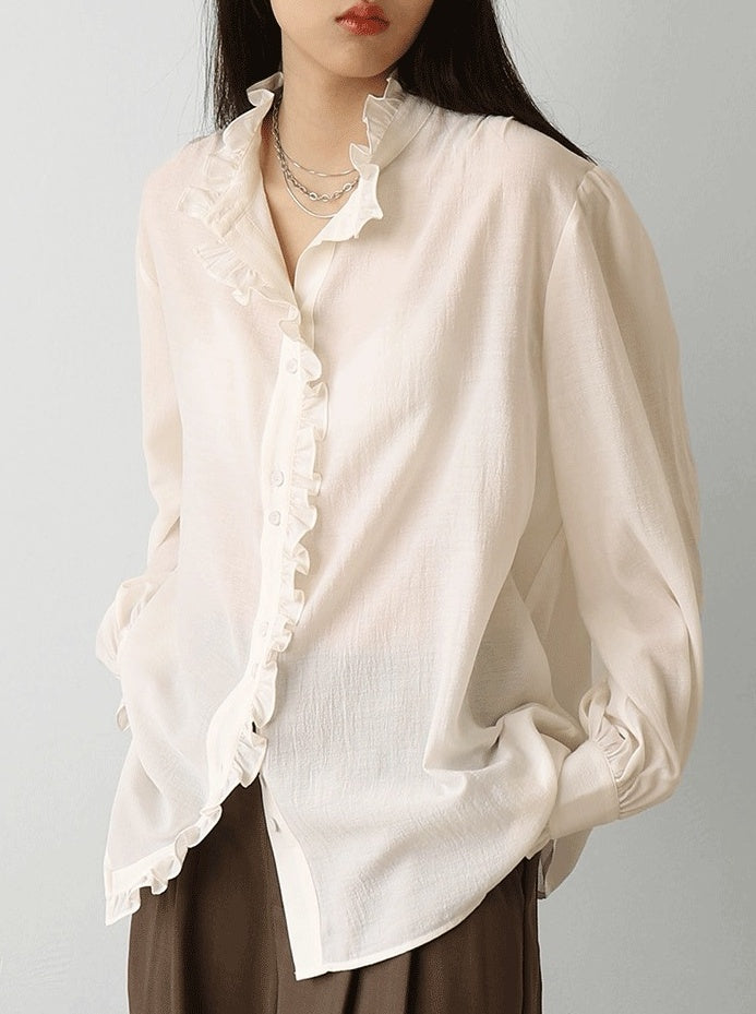 White Ruffled Lining Long Sleeve Shirt