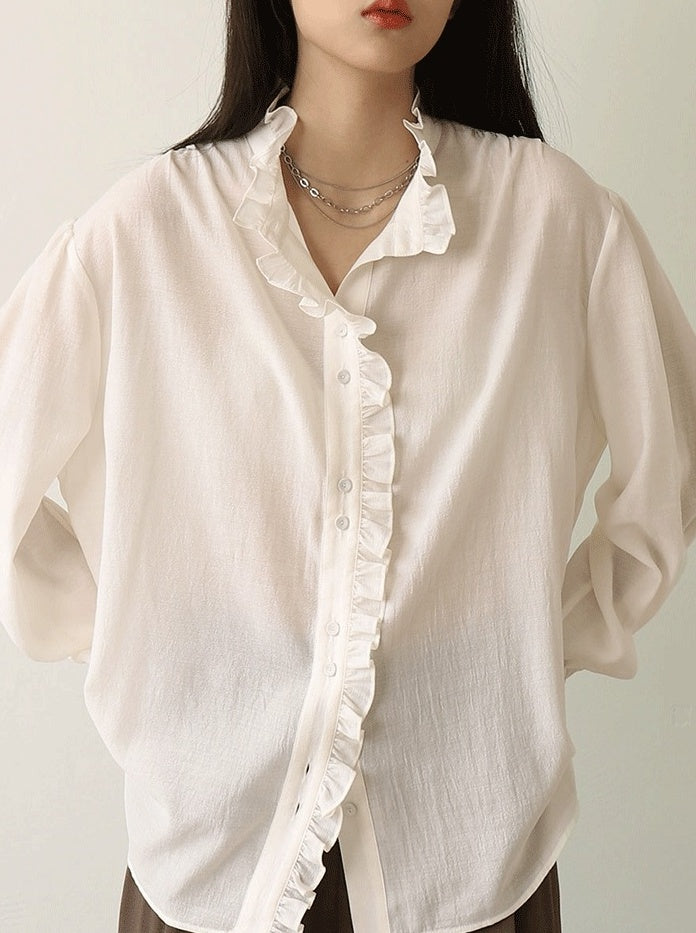 White Ruffled Lining Long Sleeve Shirt