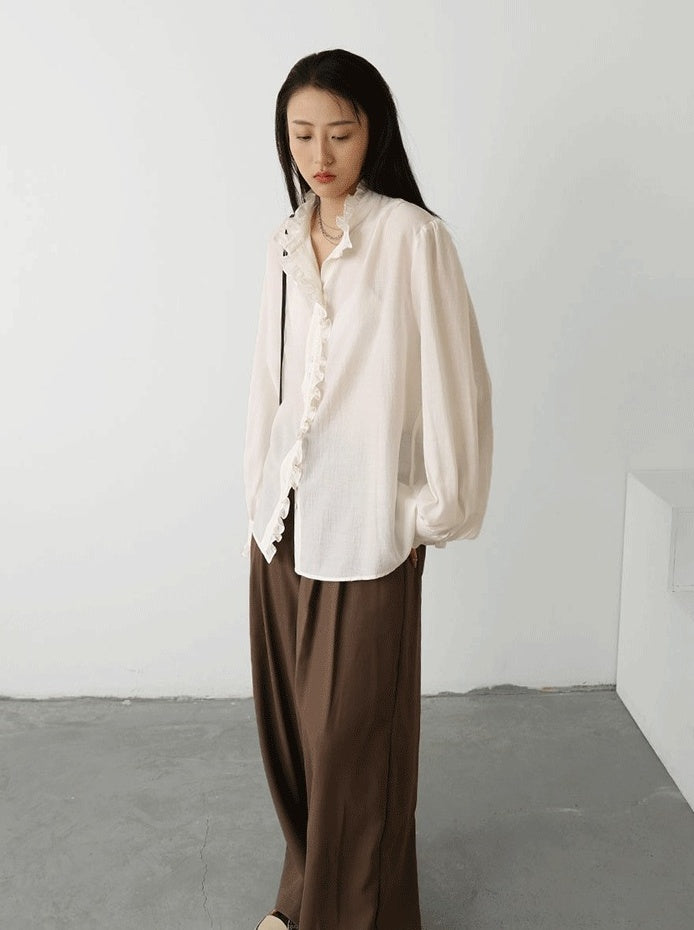 White Ruffled Lining Long Sleeve Shirt