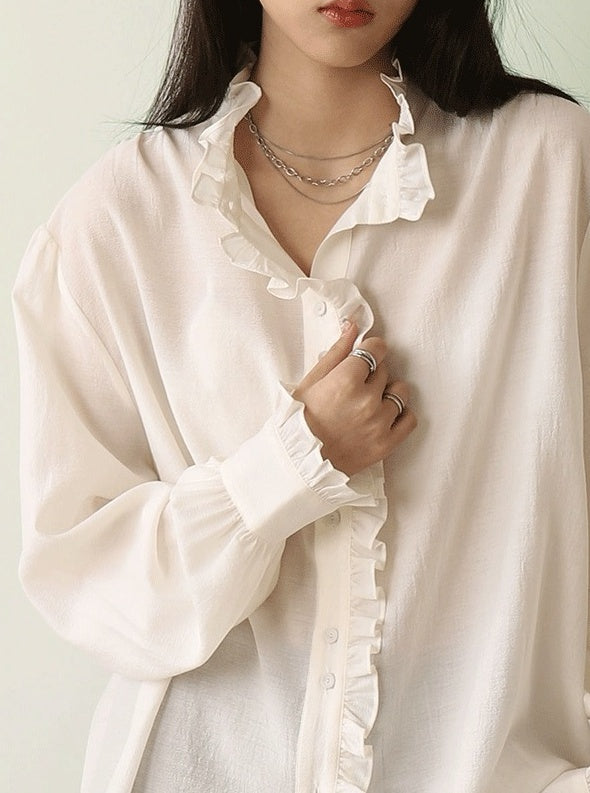 White Ruffled Lining Long Sleeve Shirt