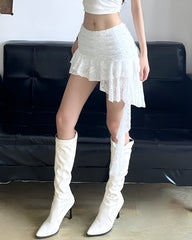 White Scrunched Lace Skirt