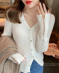 White Slanted Buttons Knitted Cardigan